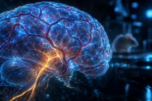 血管が光る脳のイメージと、その奥にいるマウス