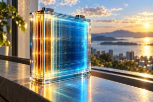 海の見える窓辺で、太陽の光を受けて層が光る透明な電池