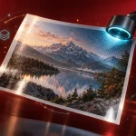 風景の写真を照らすと、見えない細かな点の模様が浮かび上がる様子