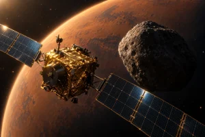 金色の探査機が太陽電池パネルを広げ、赤い火星を背に小さなごつごつした月へ近づいていく様子