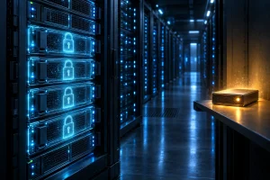 錠前の印が光るサーバーが並ぶ部屋と、通路の脇に切り離して置かれた小さなバックアップ装置