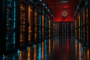 夜のデータセンターで、サーバーの列のランプが一斉にオレンジ色の点検中の明かりに変わっている様子
