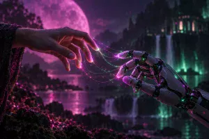 同じ握りの形で向かい合う人の手と人型のロボットハンドを、細い光の糸がつないでいる様子