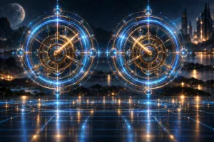 光とレーザーでできた2つの同じ時計の仕掛けが、並んでそろって時を刻んでいる様子