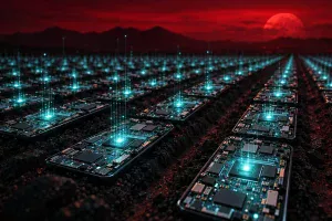 暗い畑の作物のように、光るスマホの基板が赤い空の下で何列にも並んでいる様子