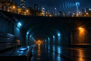 街の地下の長い通路のベンチで光るスマートフォンと、地上の電波塔から届く前に弱まる電波