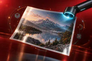 風景の写真を照らすと、見えない細かな点の模様が浮かび上がる様子