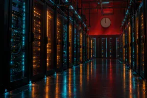 夜のデータセンターで、サーバーの列のランプが一斉にオレンジ色の点検中の明かりに変わっている様子